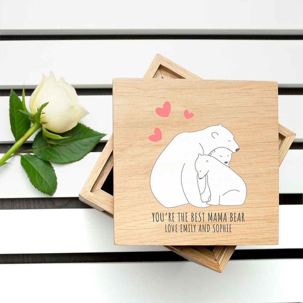Personalised Mama Bear Oak Photo Cube Keepsake Box