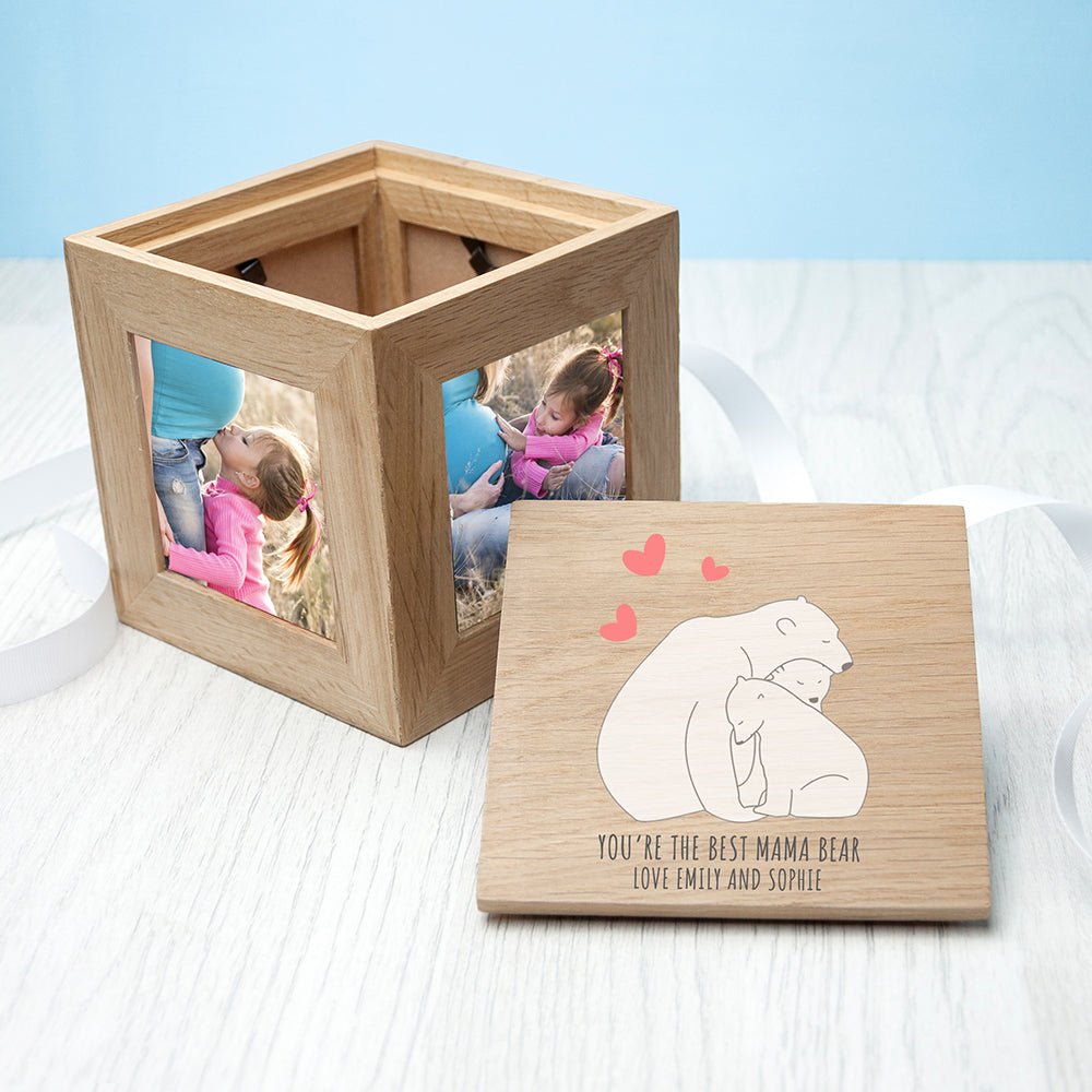 Personalised Mama Bear Oak Photo Cube Keepsake Box