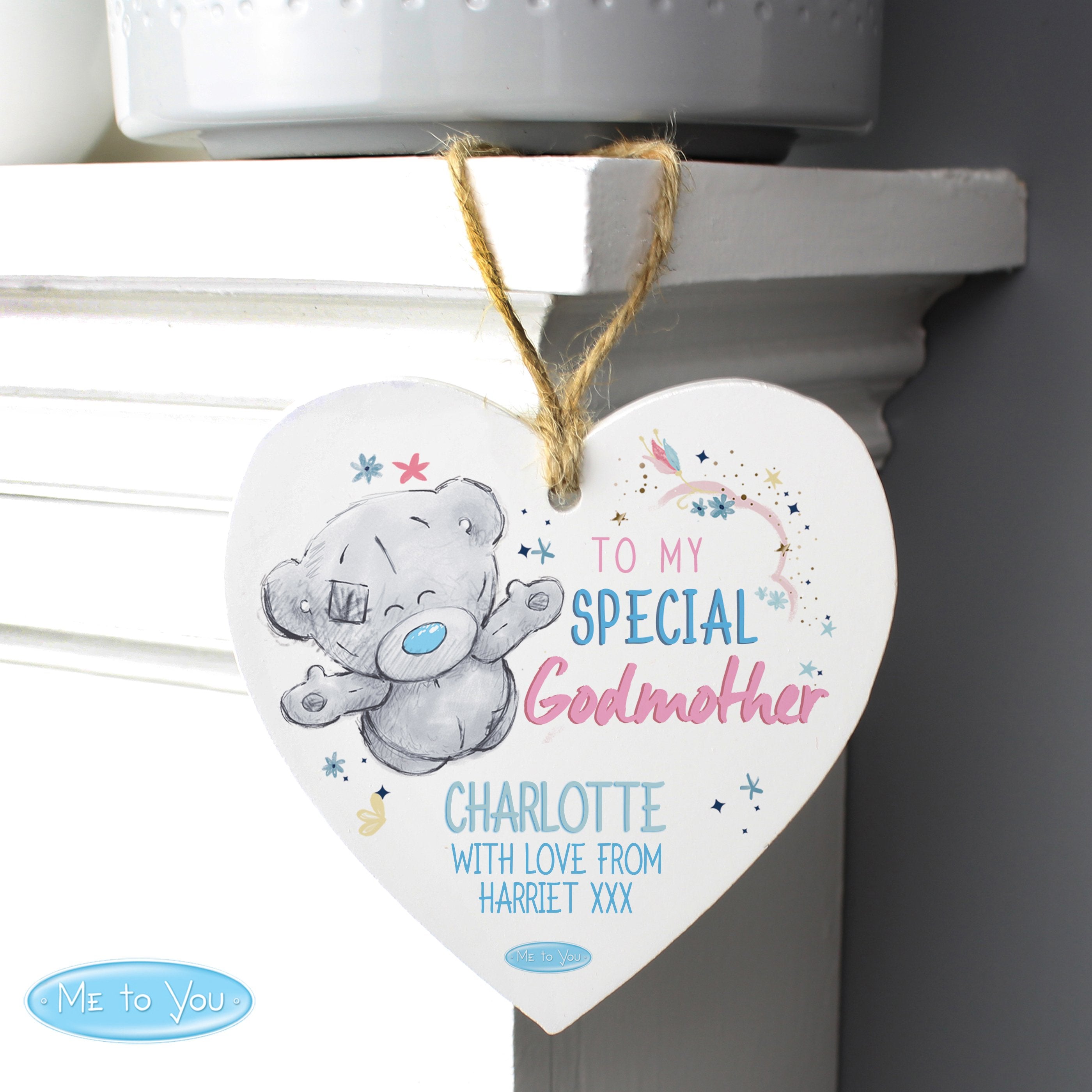 Personalised Me To You Godmother Wooden Heart Decoration