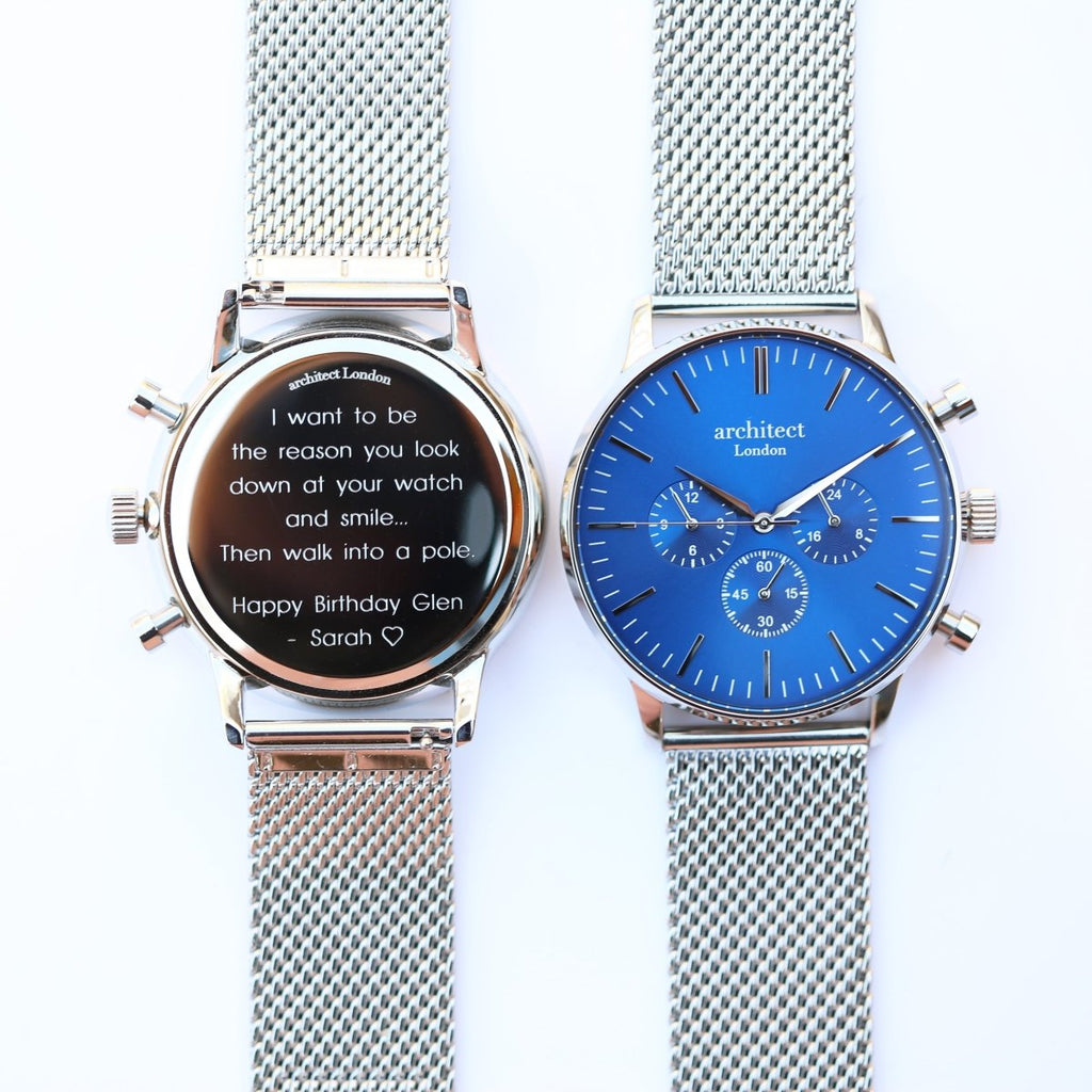 Personalised Men's Architect Motivator Watch In Blue With Silver Mesh Strap - Modern Font Engraved