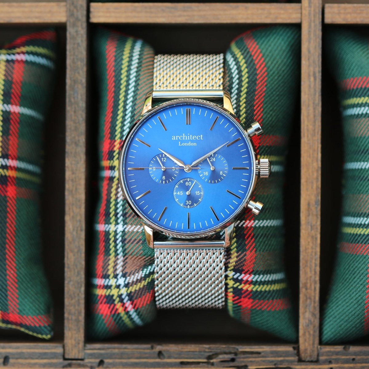 Personalised Men's Architect Motivator Watch In Blue With Silver Mesh Strap - Modern Font Engraved