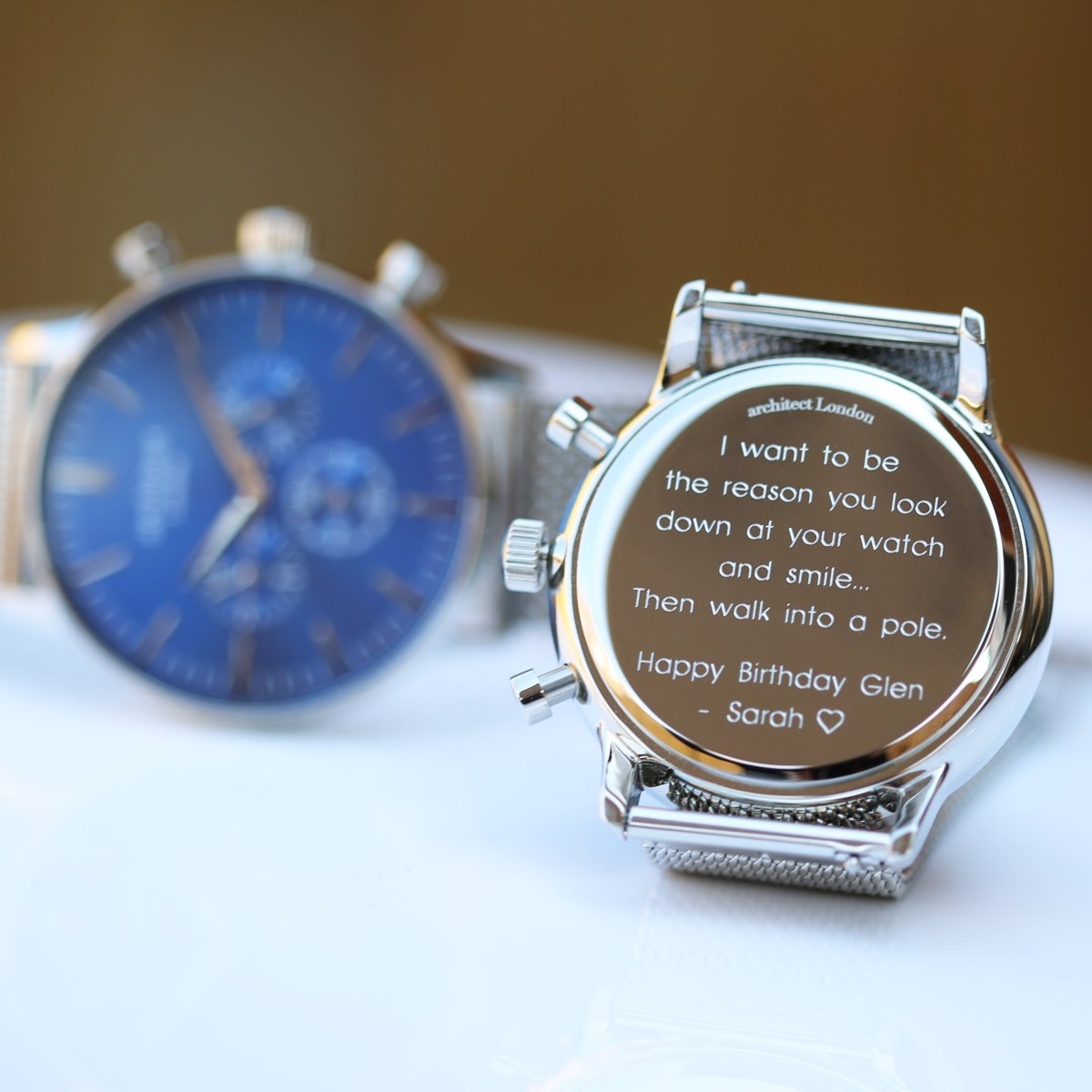 Personalised Men's Architect Motivator Watch In Blue With Silver Mesh Strap - Modern Font Engraved