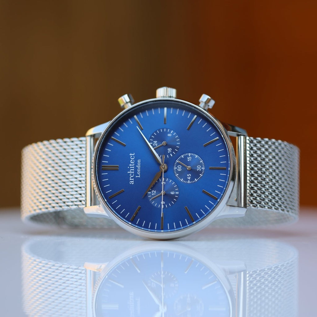 Personalised Men's Architect Motivator Watch In Blue With Silver Mesh Strap - Modern Font Engraved