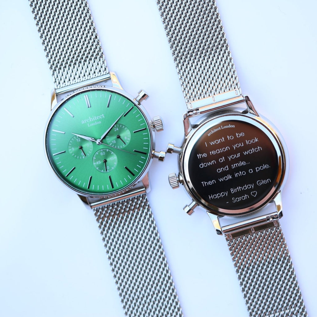 Personalised Men's Architect Motivator Watch In Envy Green With Silver Mesh Strap - Modern Font Engraved