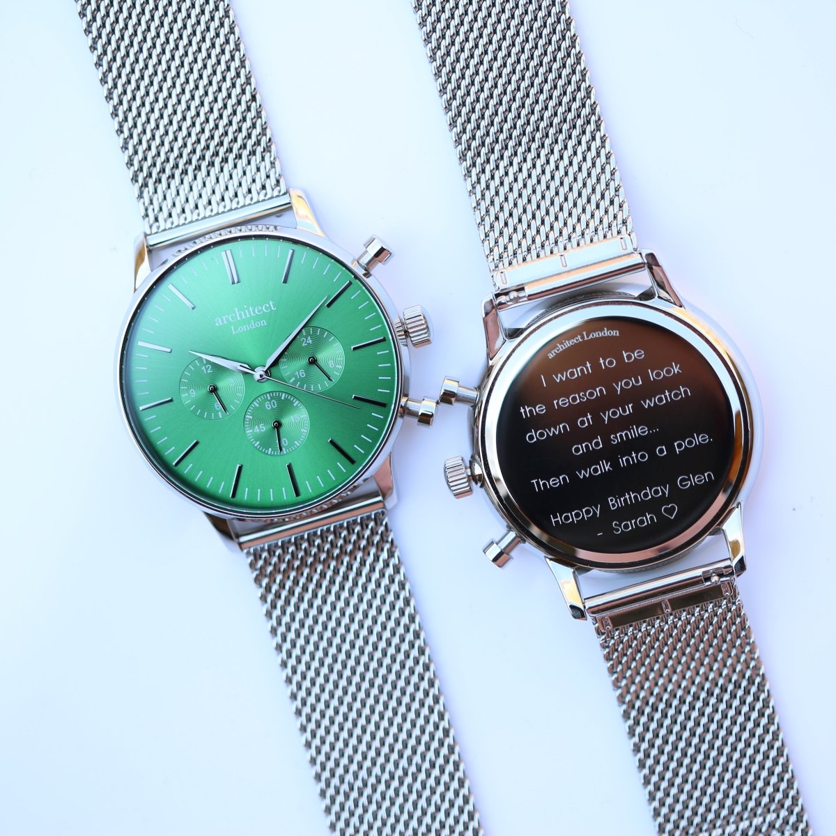 Personalised Men's Architect Motivator Watch In Envy Green With Silver Mesh Strap - Modern Font Engraved