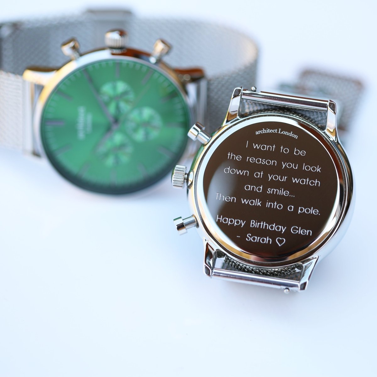 Personalised Men's Architect Motivator Watch In Envy Green With Silver Mesh Strap - Modern Font Engraved