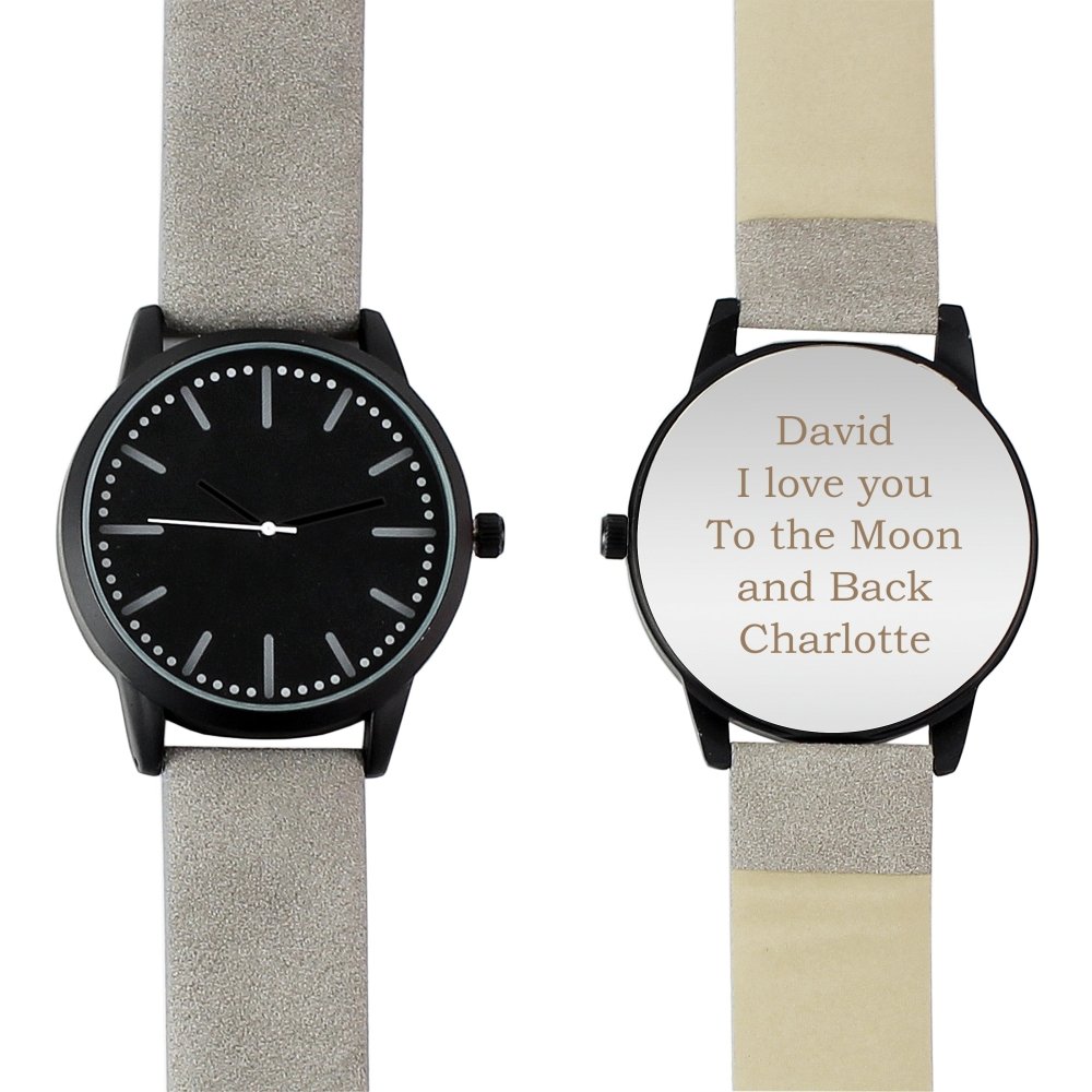 Personalised Mens Matte Black Watch With Grey Strap And Presentation Box