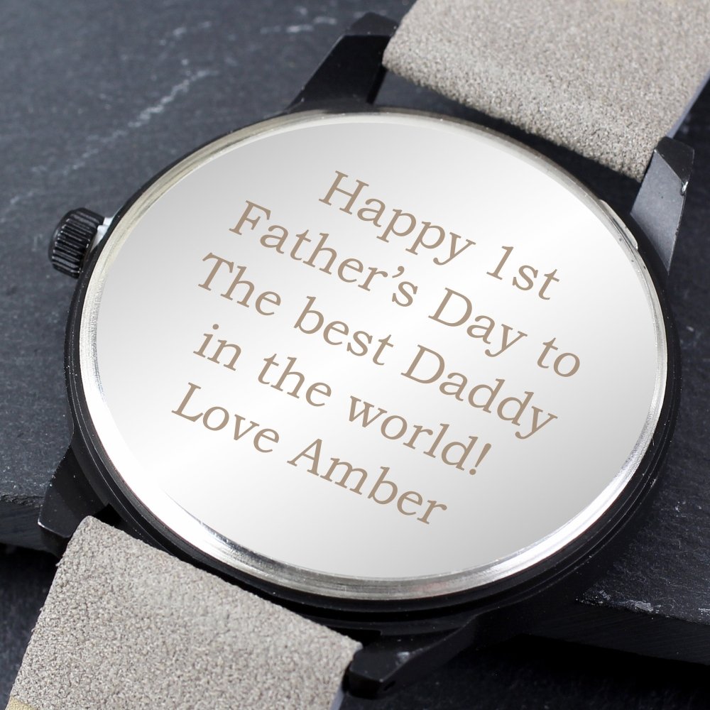 Personalised Mens Matte Black Watch With Grey Strap And Presentation Box
