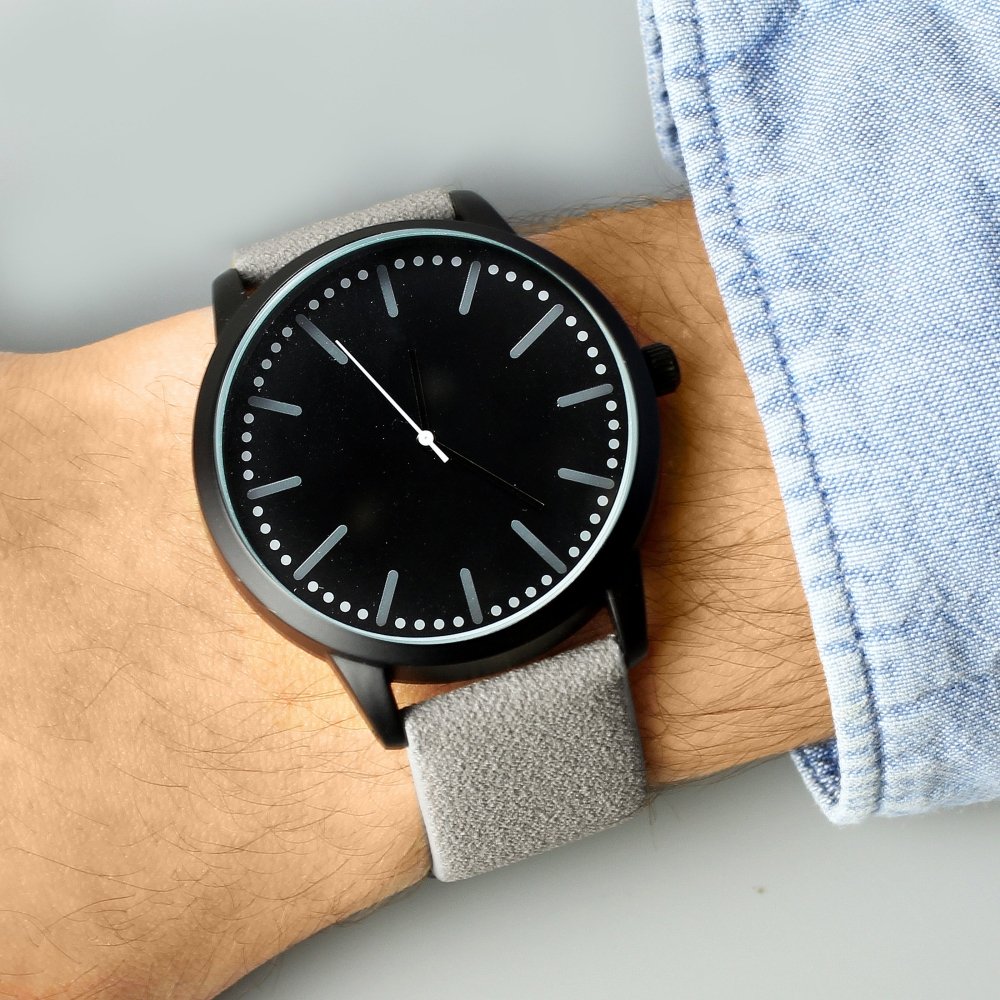 Personalised Mens Matte Black Watch With Grey Strap And Presentation Box