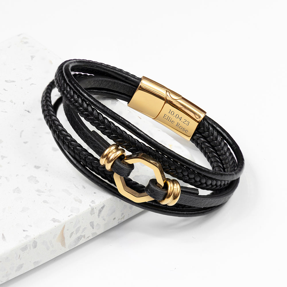 Personalised Personalised Men's Mayfair Leather Bracelet in Gold
