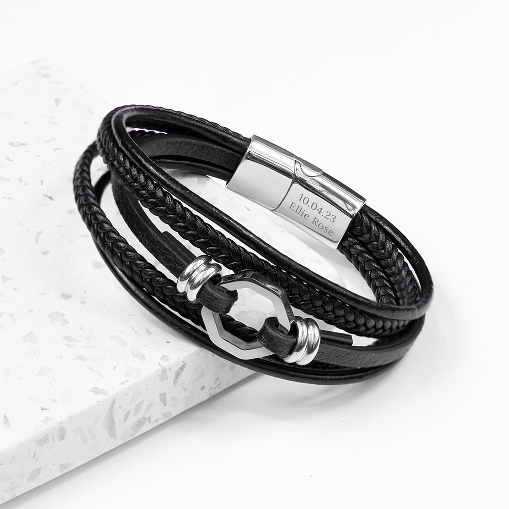 Personalised Personalised Men's Mayfair Leather Bracelet in Silver