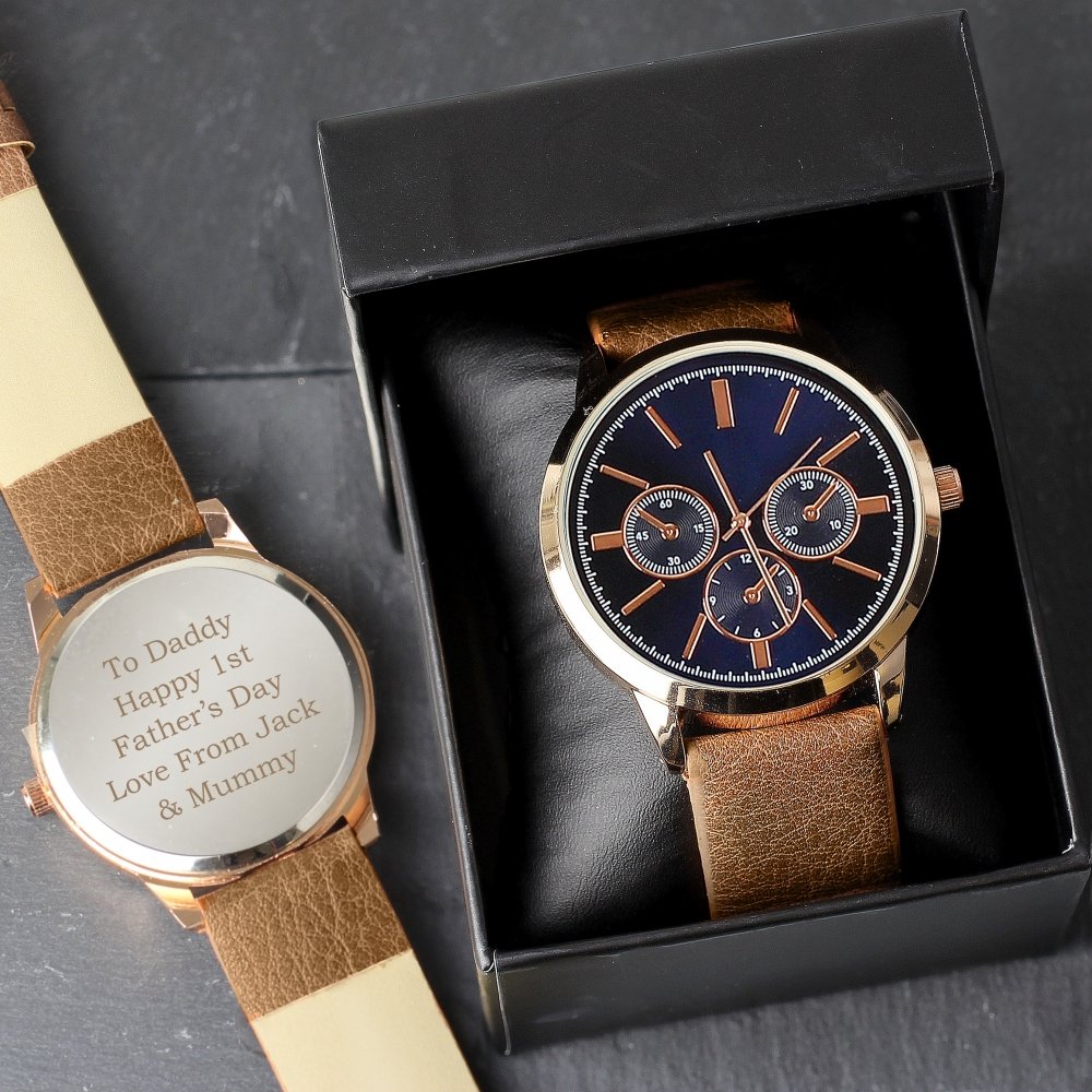 Personalised Mens Rose Gold Tone Watch With Brown Strap And Presentation Box