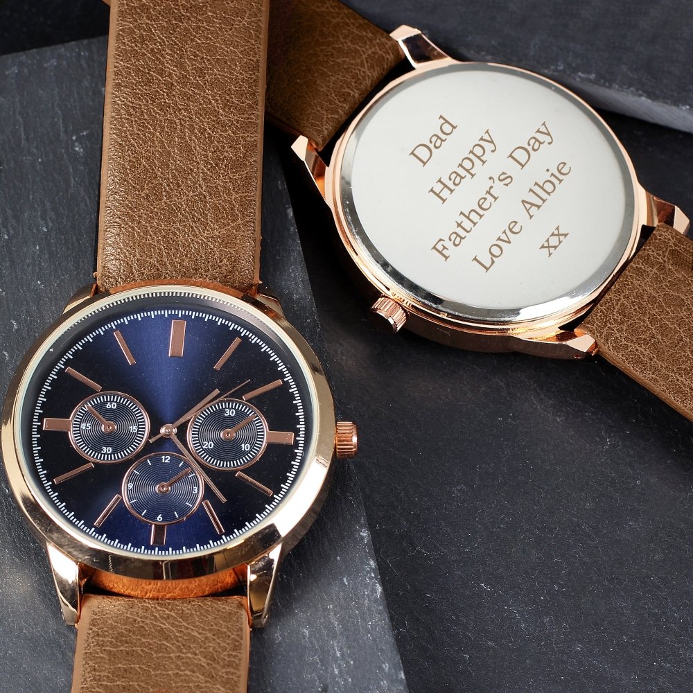 Personalised Mens Rose Gold Tone Watch With Brown Strap And Presentation Box
