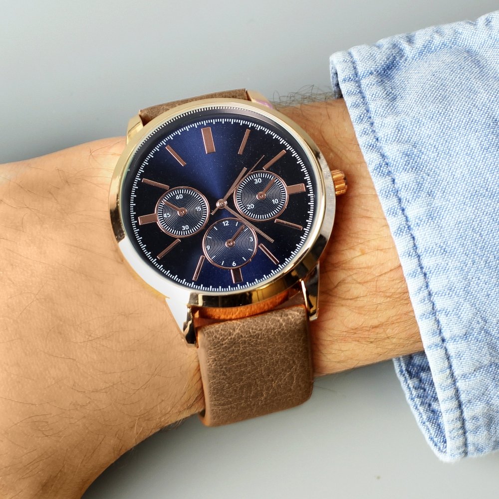 Personalised Mens Rose Gold Tone Watch With Brown Strap And Presentation Box