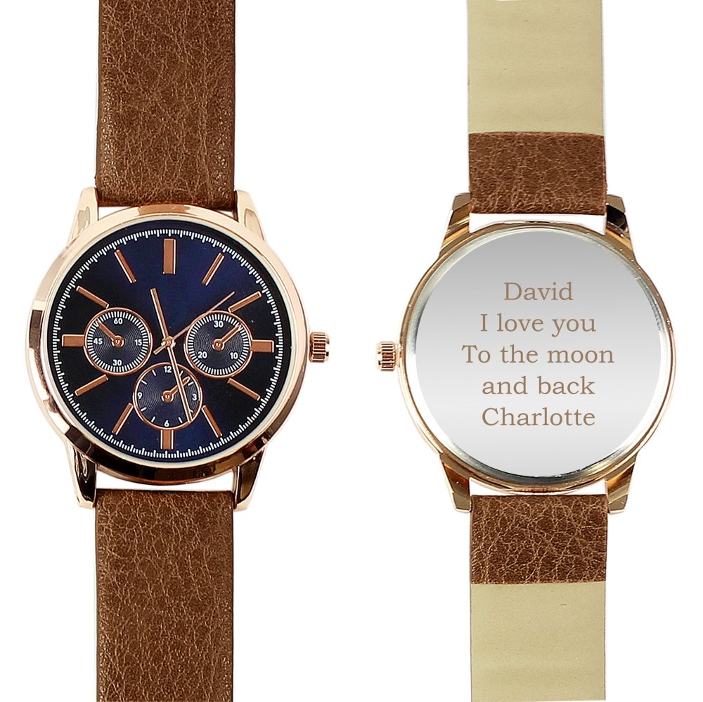 Personalised Mens Rose Gold Tone Watch With Brown Strap And Presentation Box