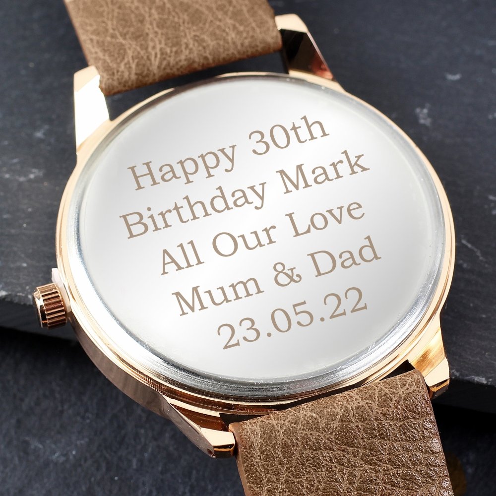 Personalised Mens Rose Gold Tone Watch With Brown Strap And Presentation Box