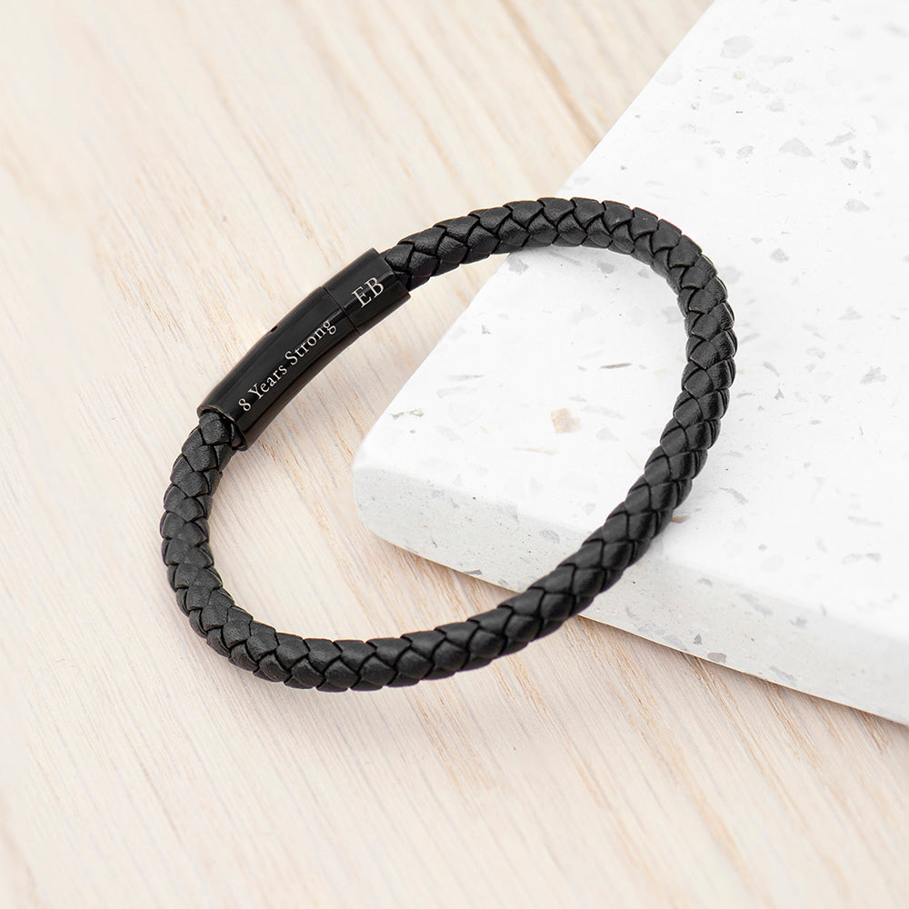 Personalised Personalised Mens Woven Black Leather Bracelet