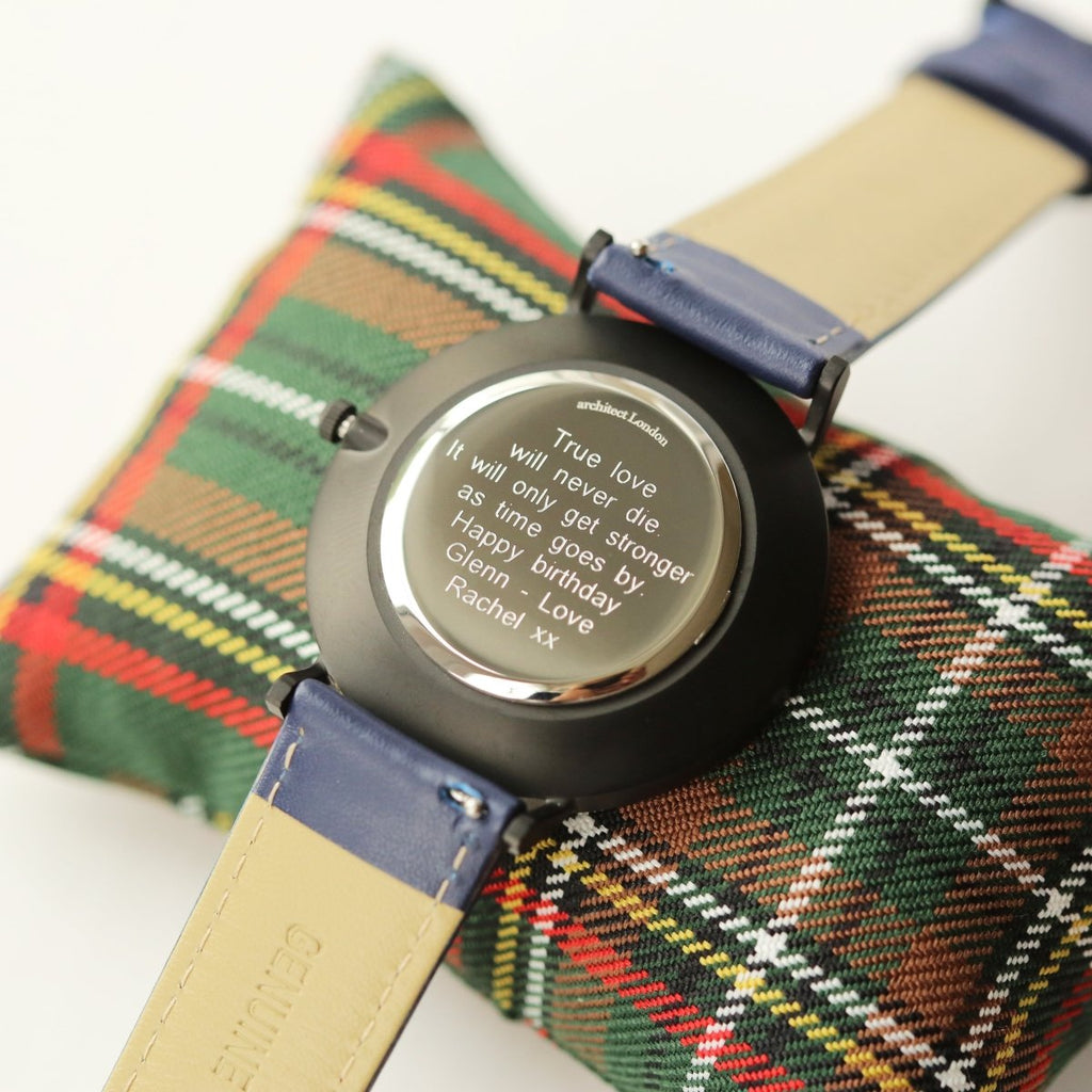 Personalised Modern Font Engraved Men's Minimalist Watch + Admiral Blue Strap