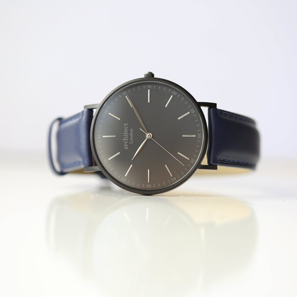 Personalised Modern Font Engraved Men's Minimalist Watch + Admiral Blue Strap