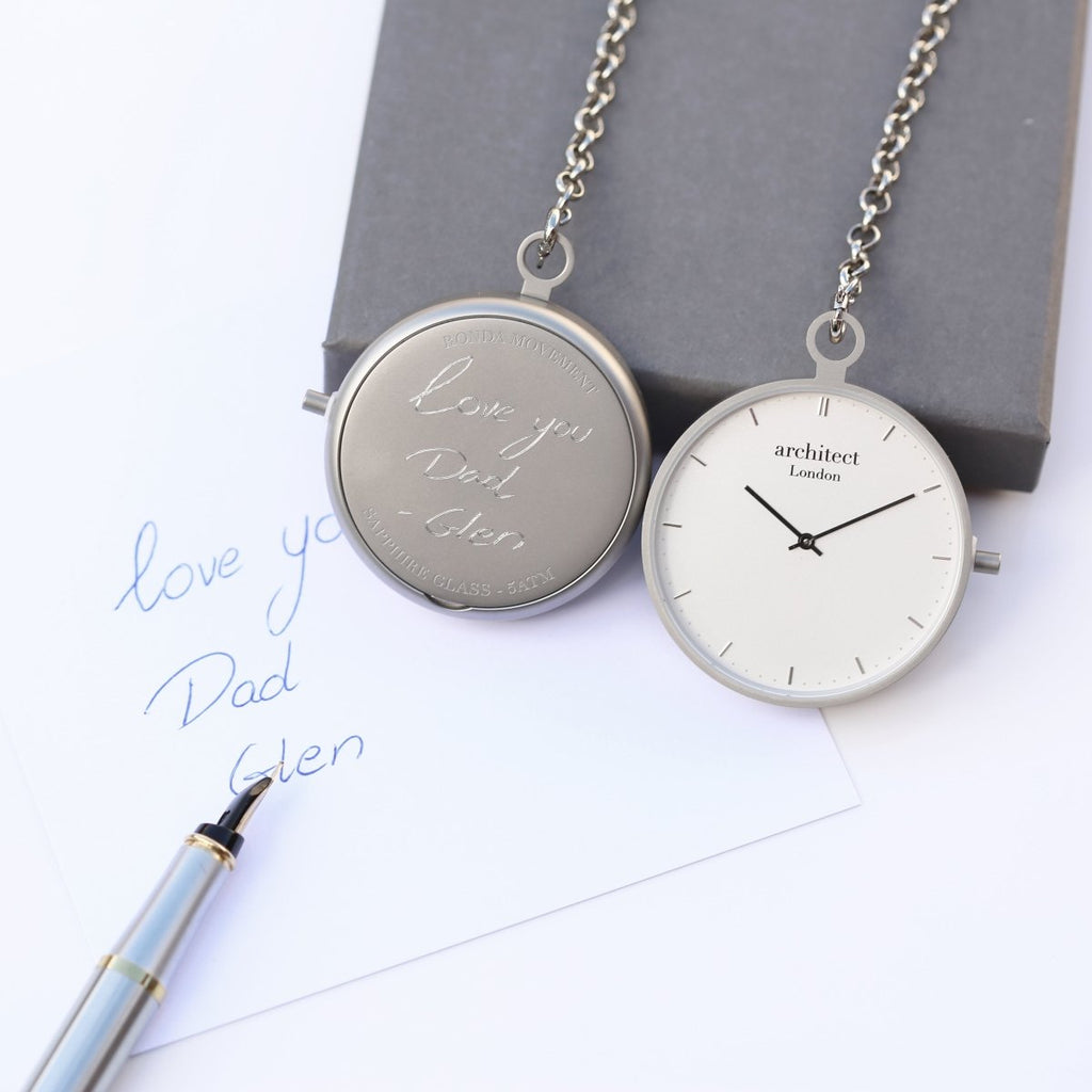Personalised Modern Pocket Watch Silver Handwriting Engraved