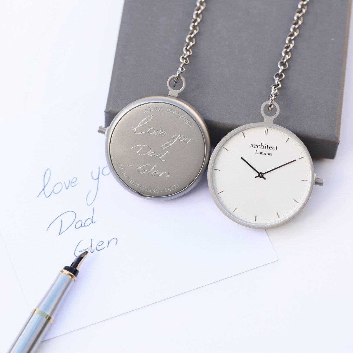 Personalised Modern Pocket Watch Silver Handwriting Engraved