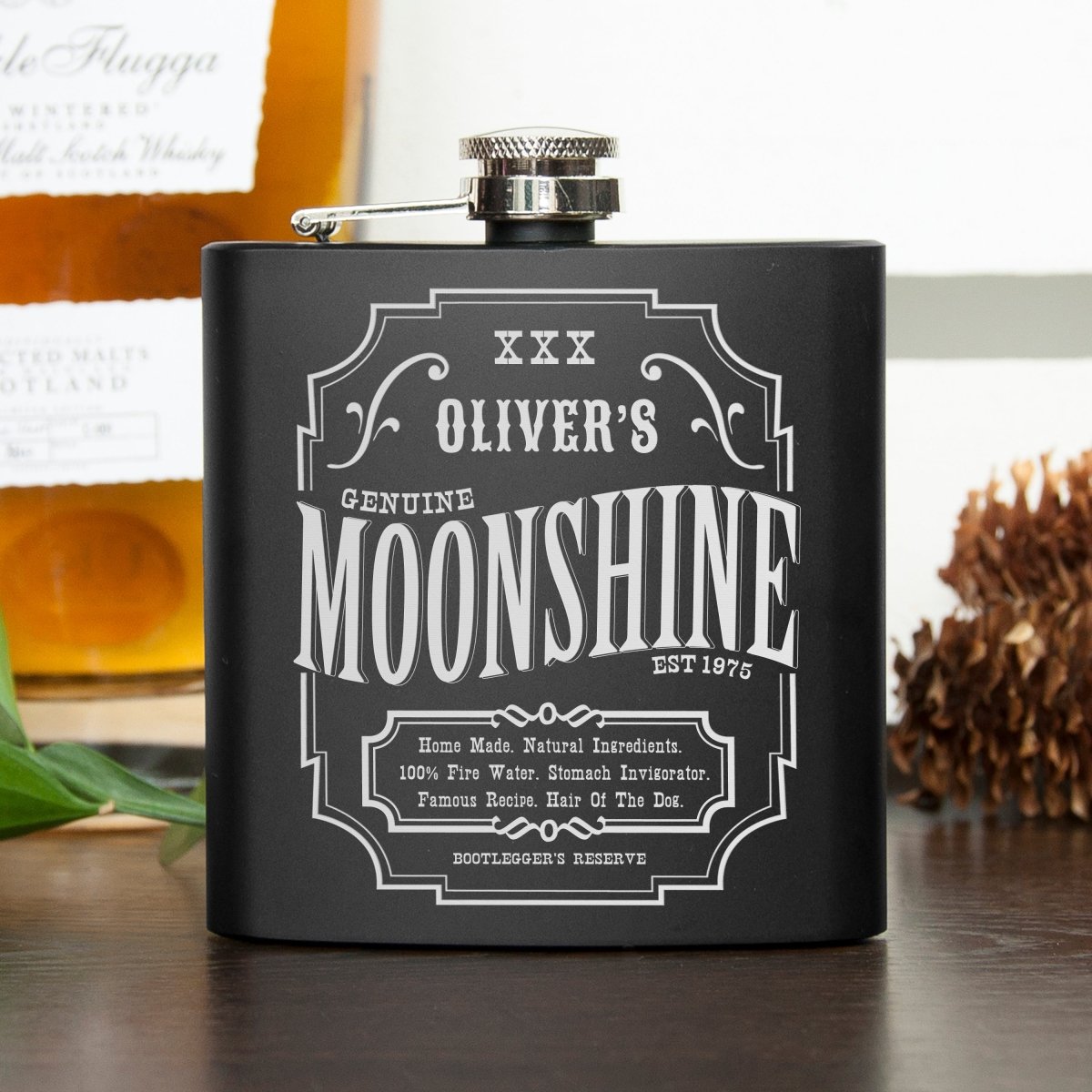 Personalised Moonshine Vintage Matte Black Hip Flask