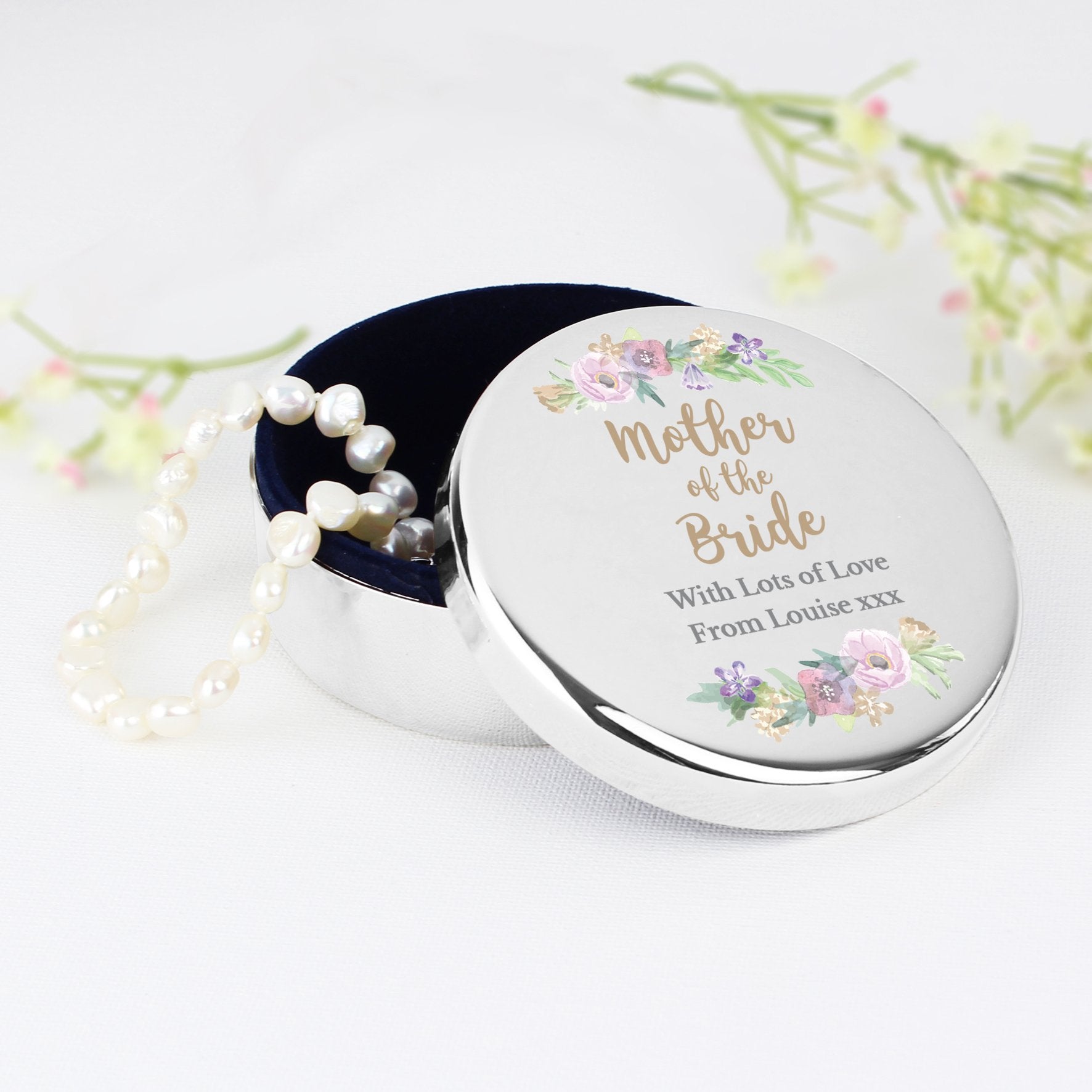 Personalised Mother Of The Bride 'Floral Watercolour Wedding' Round Trinket Box