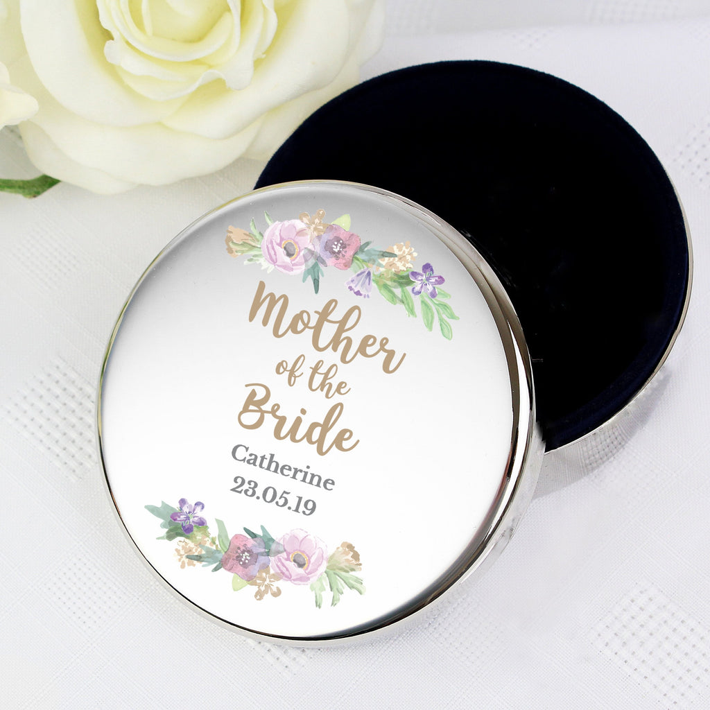 Personalised Mother Of The Bride 'Floral Watercolour Wedding' Round Trinket Box
