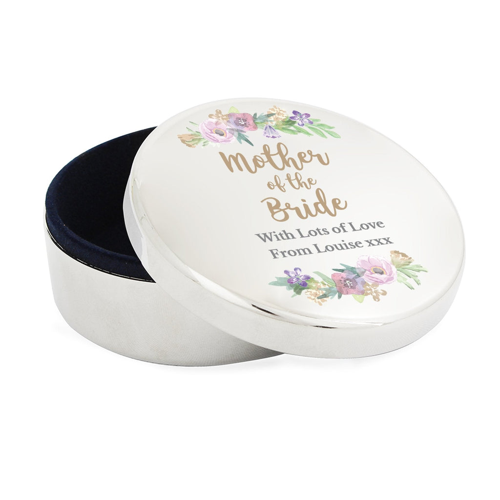 Personalised Mother Of The Bride 'Floral Watercolour Wedding' Round Trinket Box