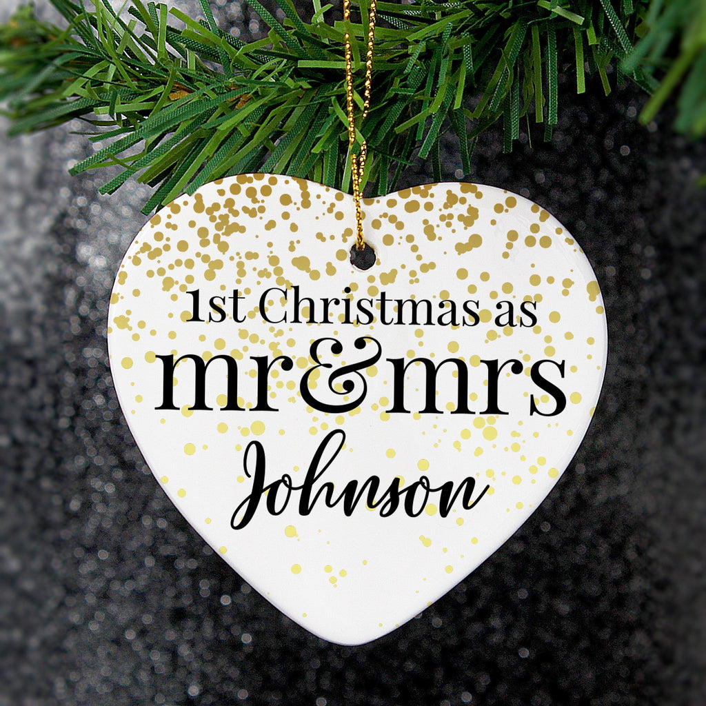 Personalised Mr And Mrs 1st Christmas Ceramic Heart Decoration