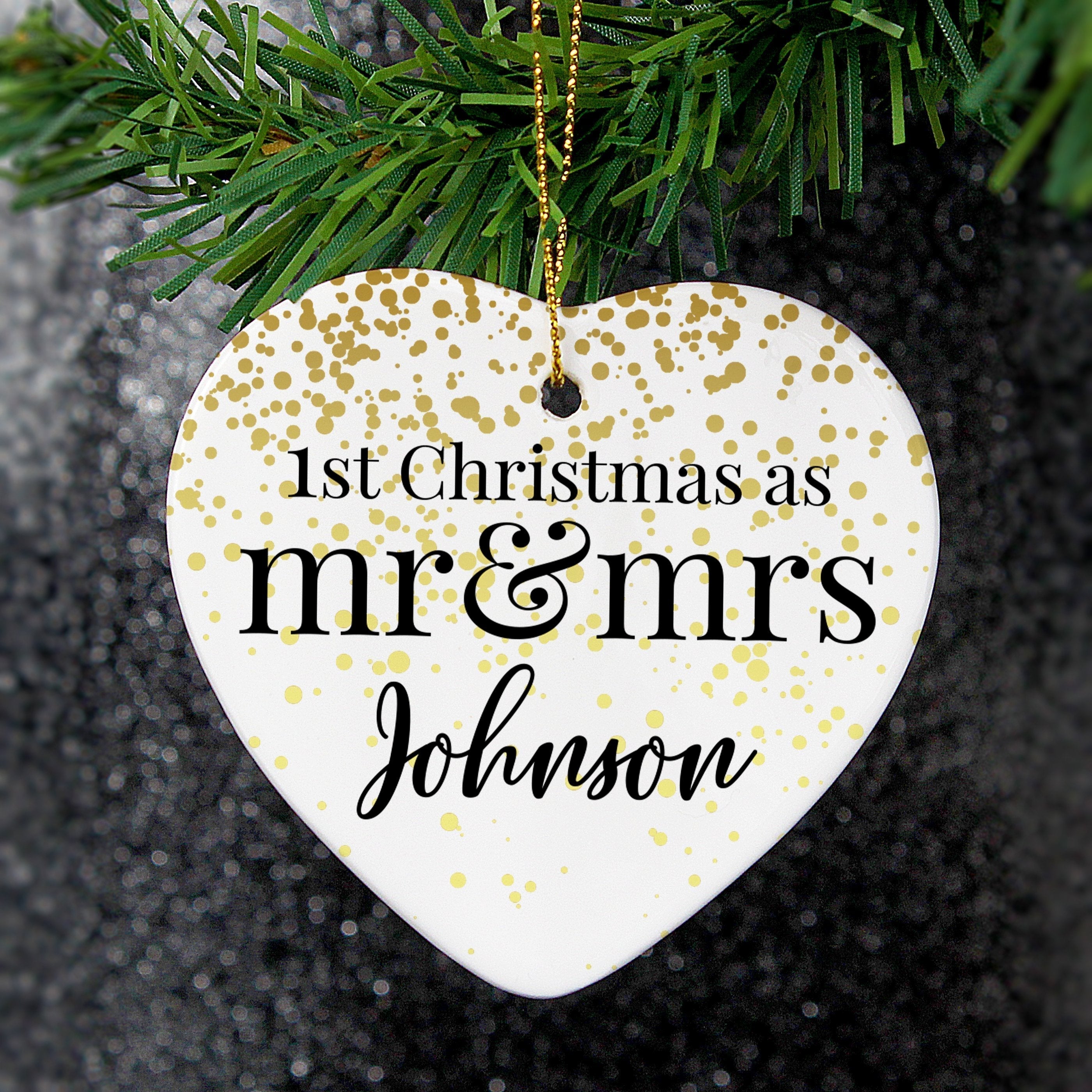 Personalised Mr And Mrs 1st Christmas Ceramic Heart Decoration