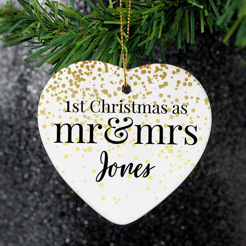 Personalised Mr And Mrs 1st Christmas Ceramic Heart Decoration