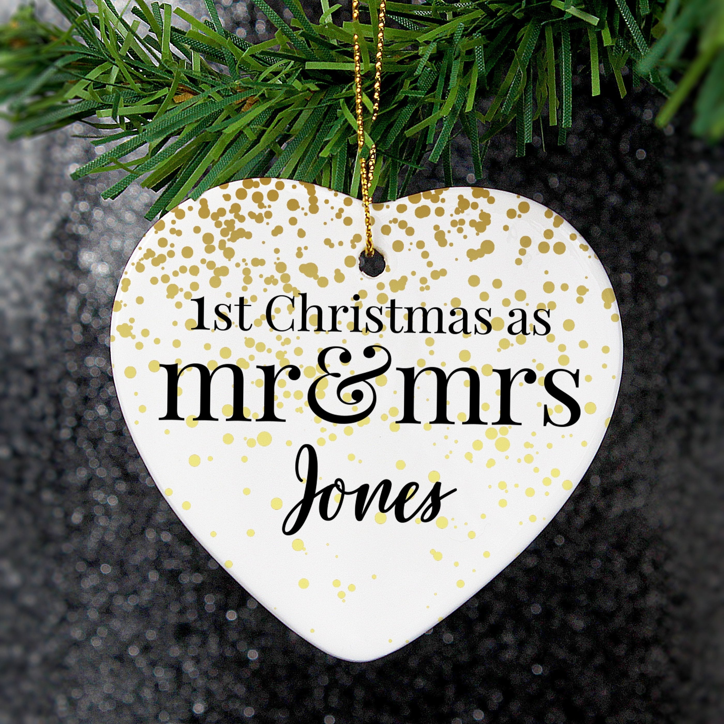 Personalised Mr And Mrs 1st Christmas Ceramic Heart Decoration