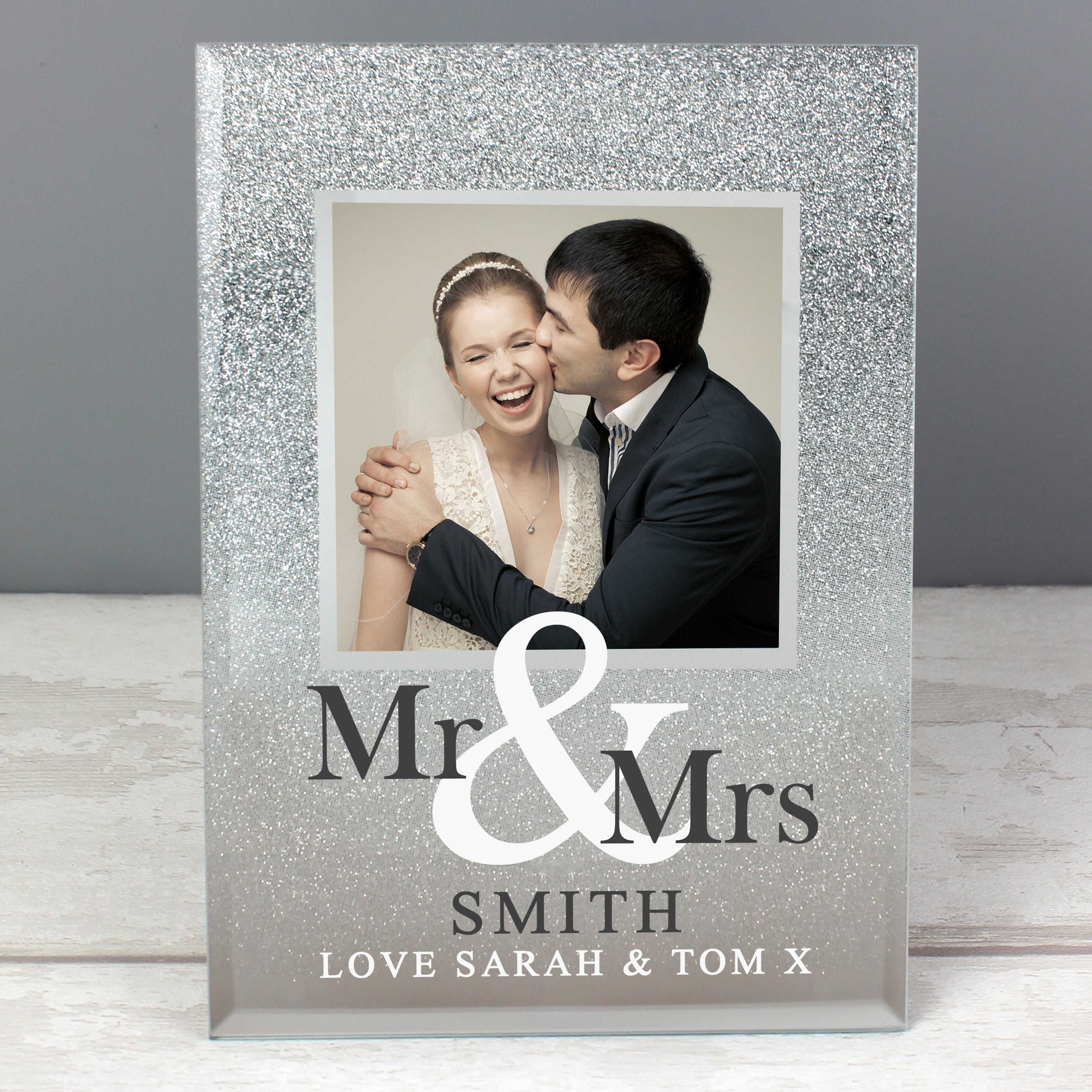 Personalised Mr & Mrs 4x4 Inch Glitter Glass Photo Frame