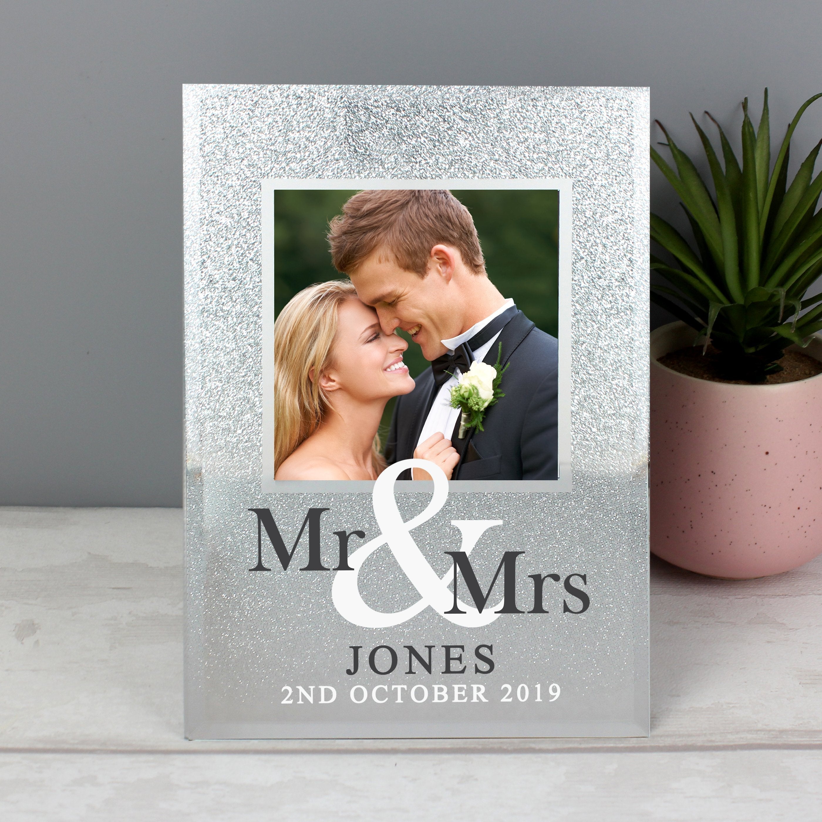 Personalised Mr & Mrs 4x4 Inch Glitter Glass Photo Frame