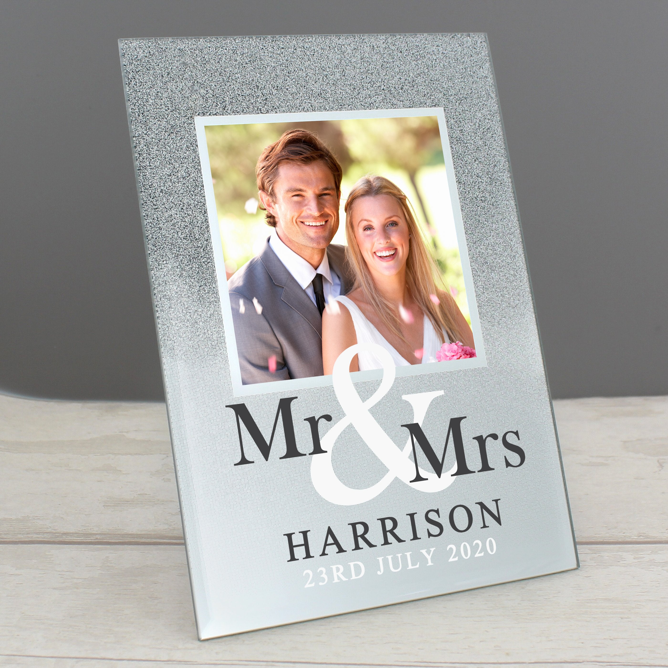 Personalised Mr & Mrs 4x4 Inch Glitter Glass Photo Frame