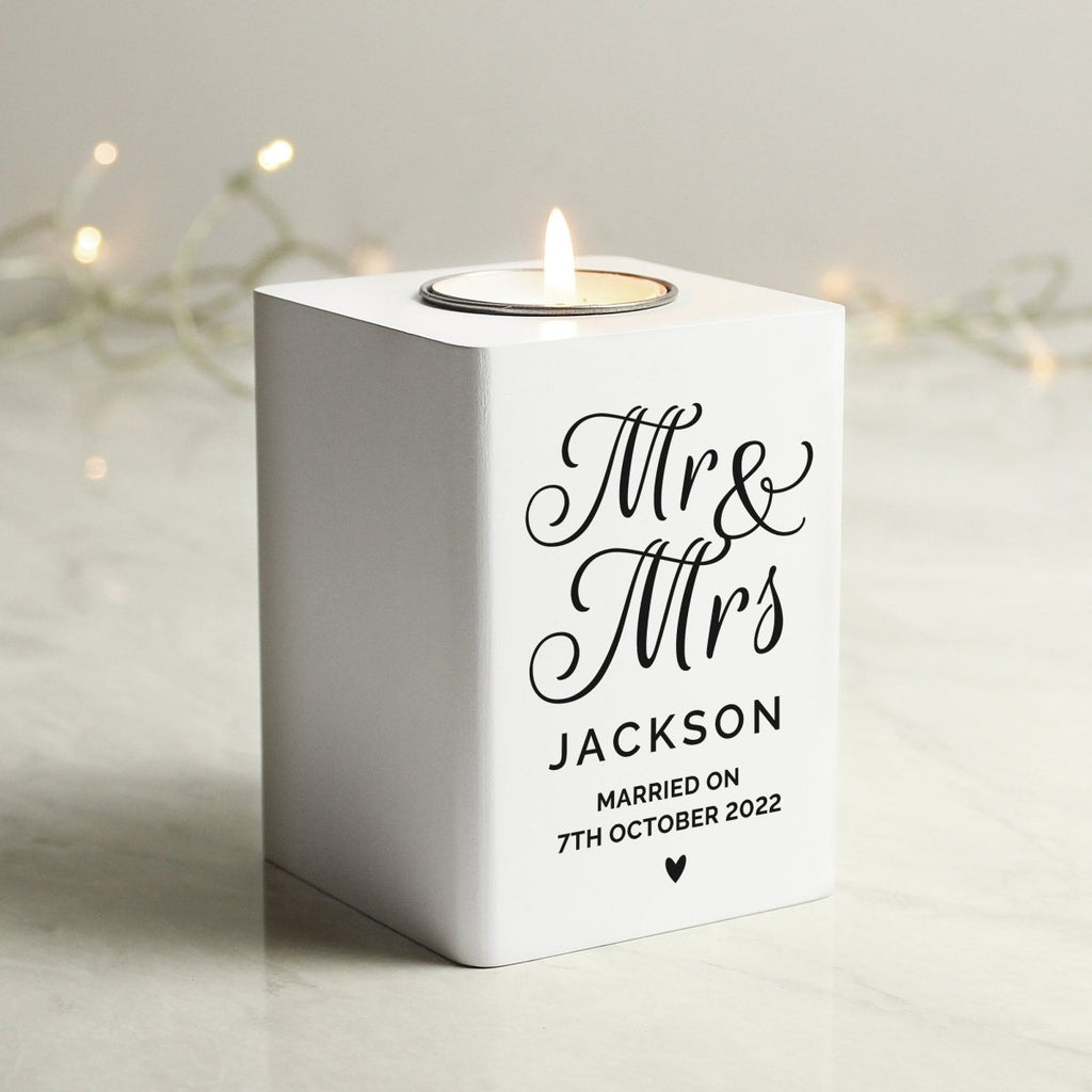 Personalised Mr & Mrs White Wooden Tea Light Holder