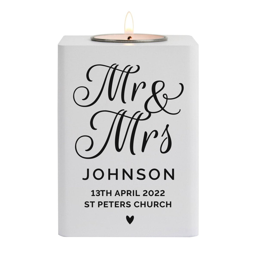 Personalised Mr & Mrs White Wooden Tea Light Holder