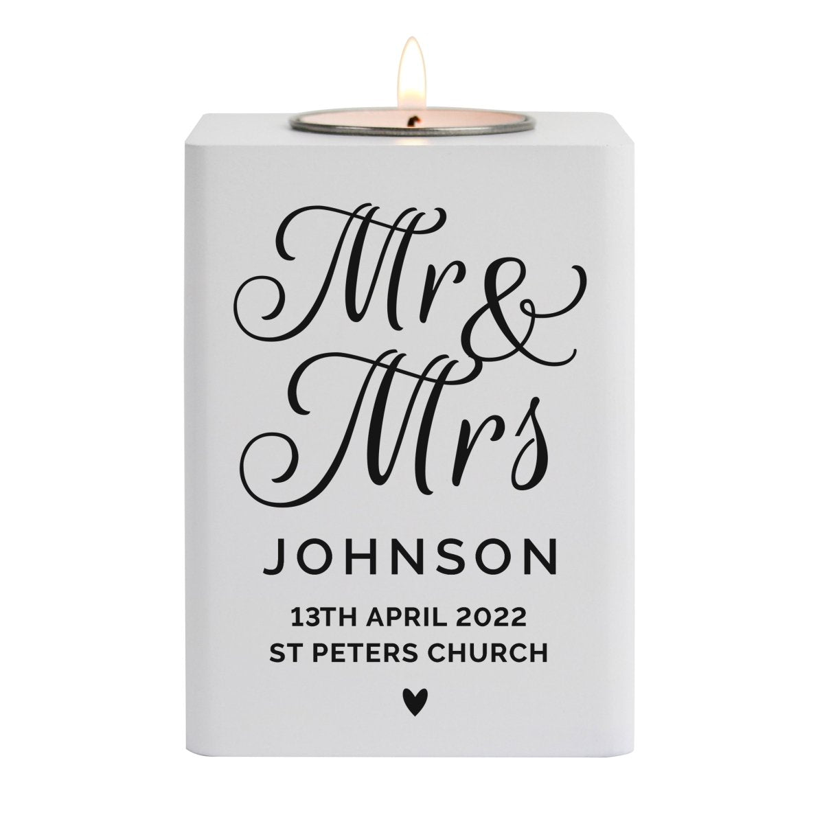 Personalised Mr & Mrs White Wooden Tea Light Holder