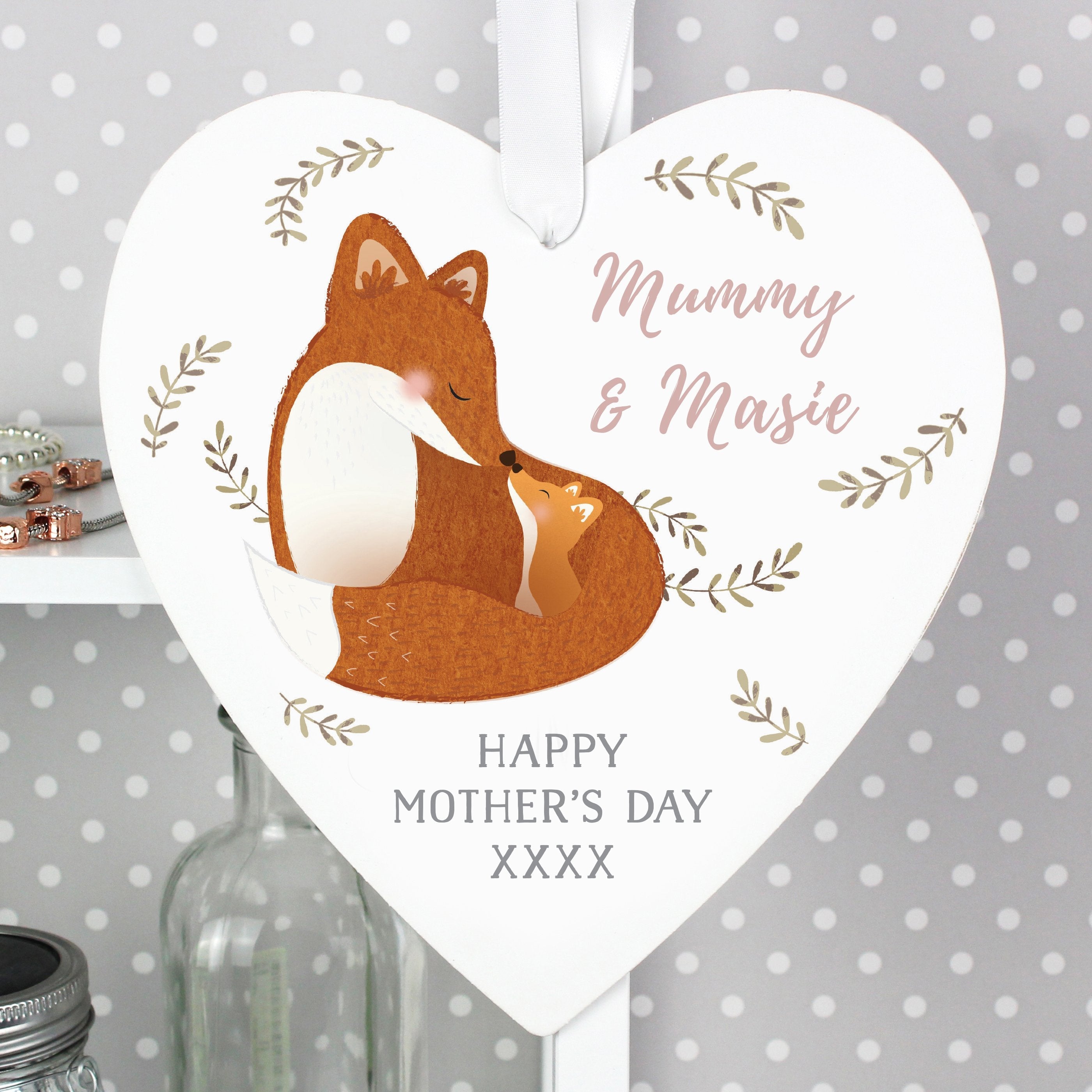 Personalised Mummy And Me Fox Large Wooden Heart Decoration