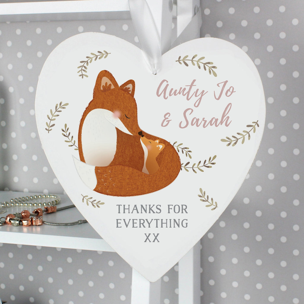 Personalised Mummy And Me Fox Large Wooden Heart Decoration