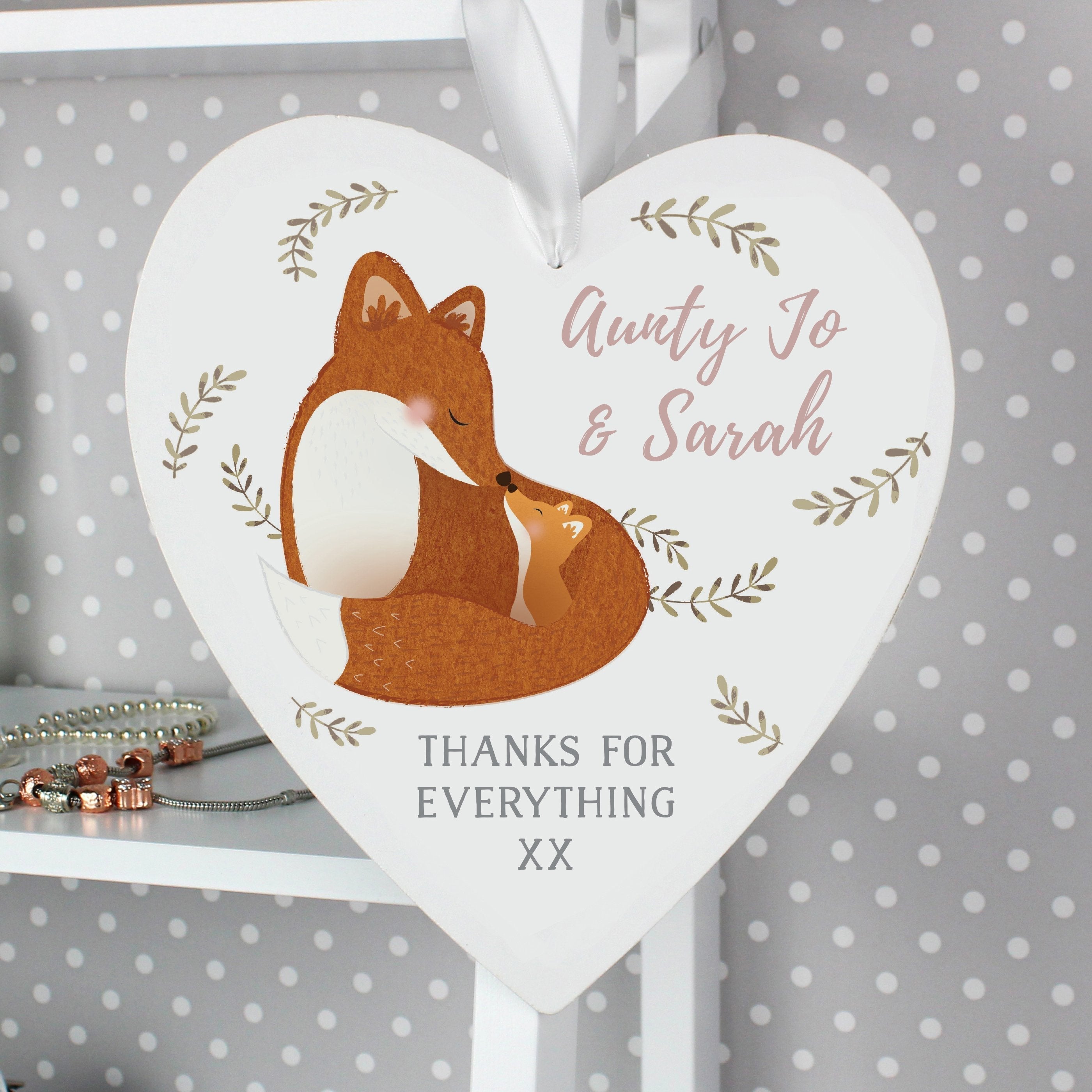 Personalised Mummy And Me Fox Large Wooden Heart Decoration