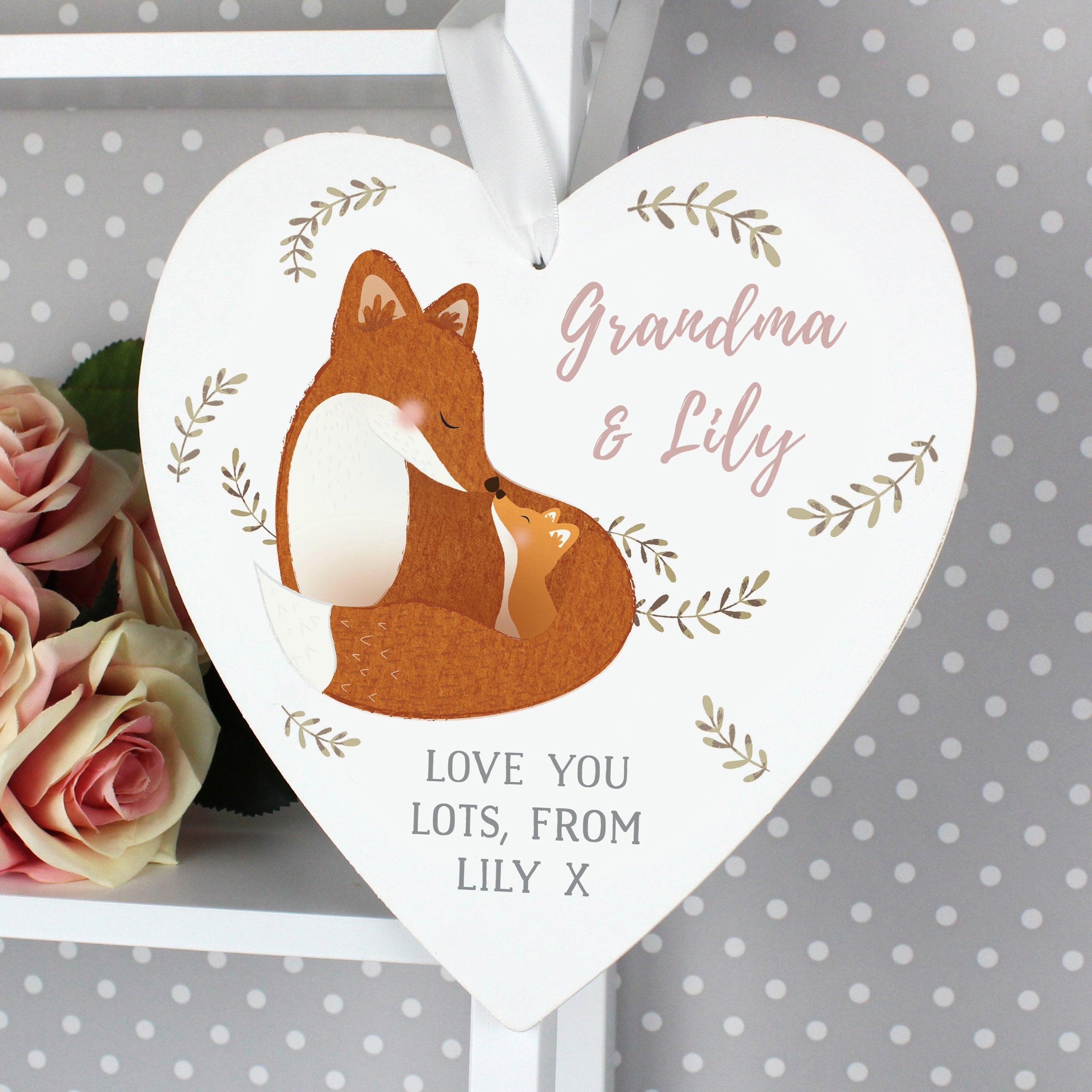 Personalised Mummy And Me Fox Large Wooden Heart Decoration