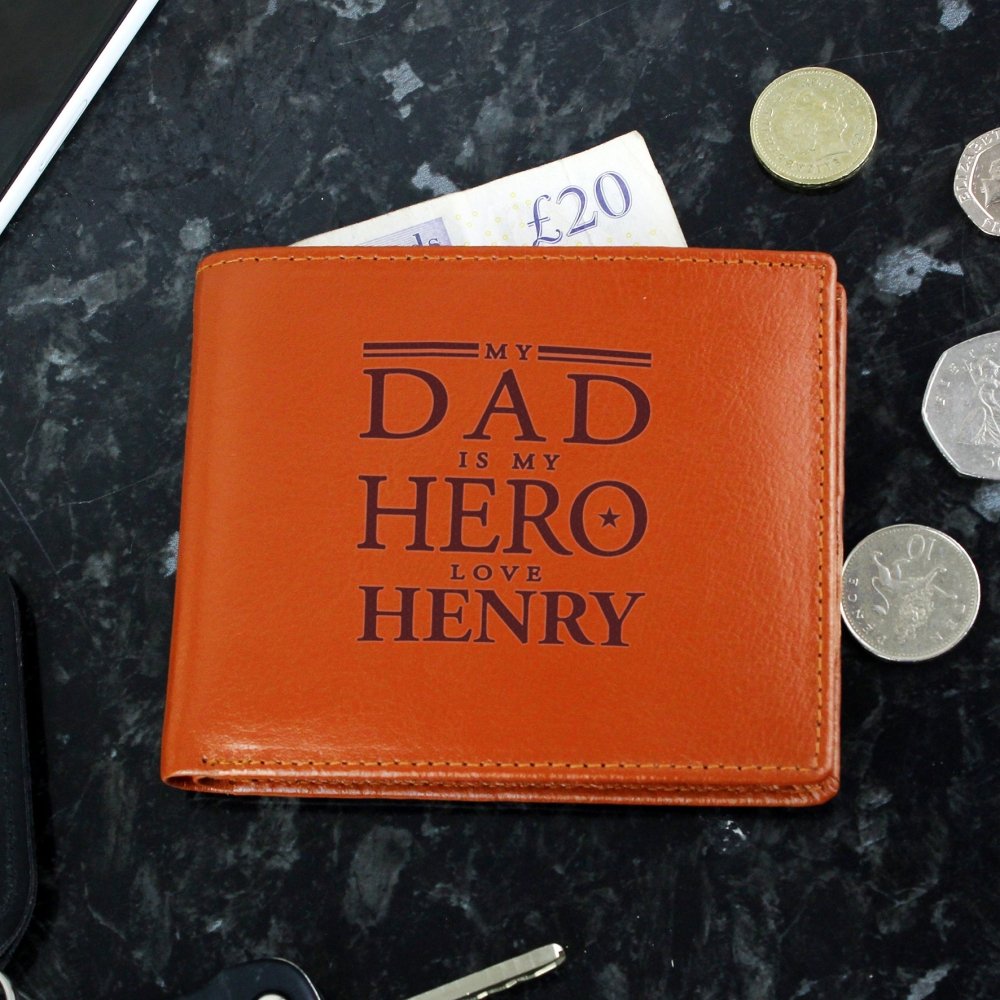 Personalised My Dad Is My Hero Tan Leather Wallet