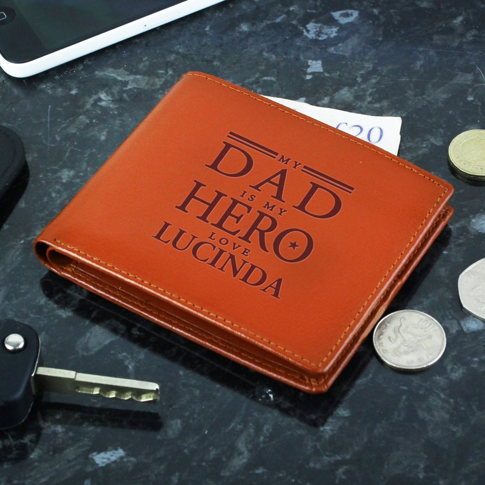 Personalised My Dad Is My Hero Tan Leather Wallet