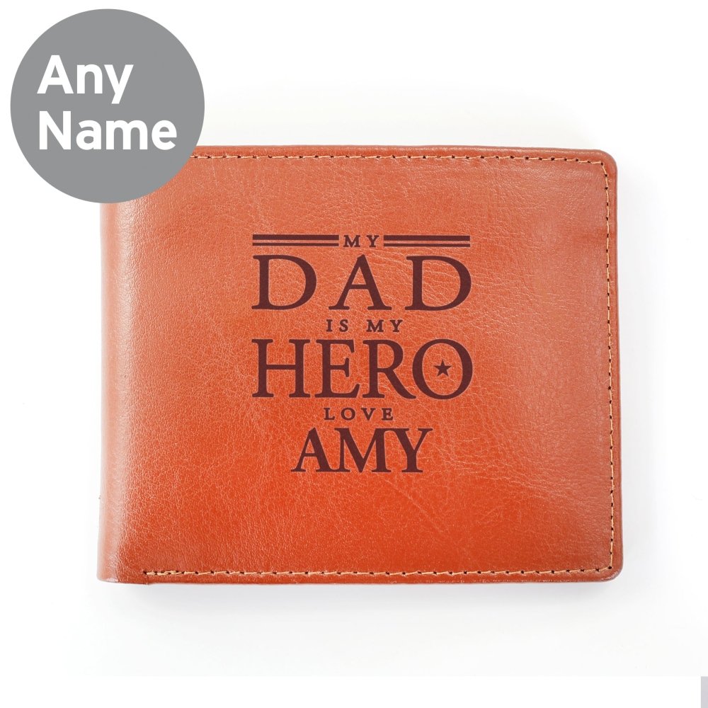 Personalised My Dad Is My Hero Tan Leather Wallet