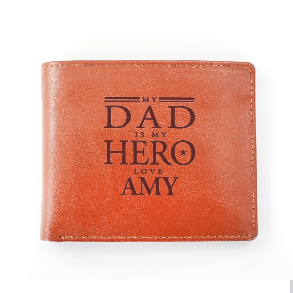 Personalised My Dad Is My Hero Tan Leather Wallet