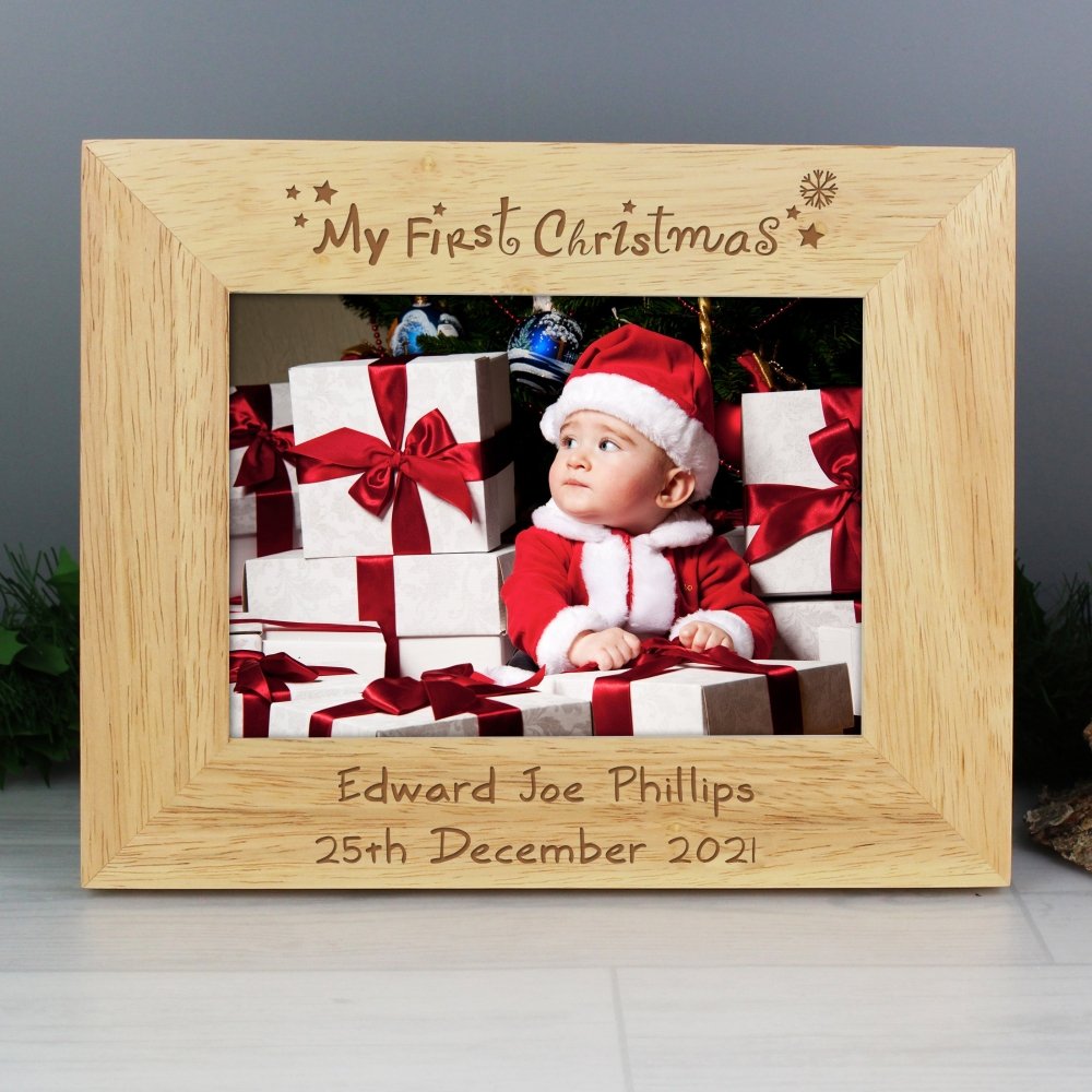 Personalised My First Christmas 5x7 Inch Landscape Wooden Photo Frame