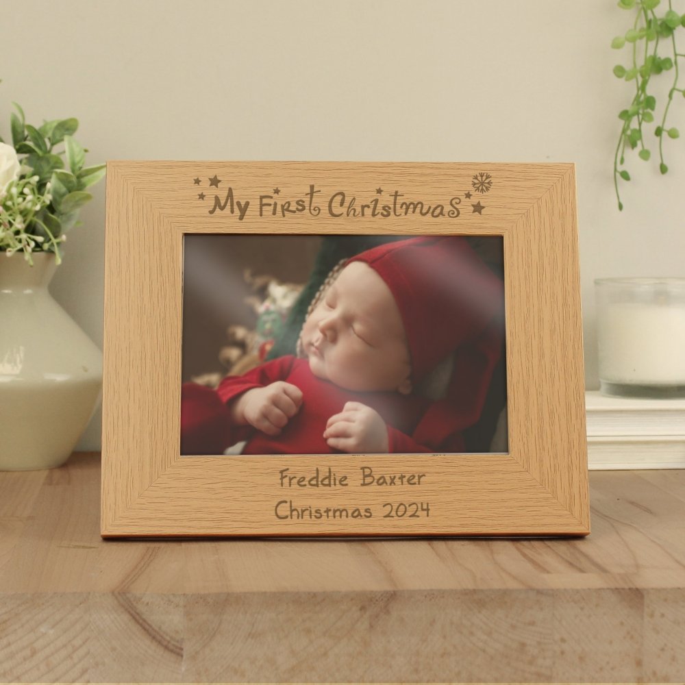 Personalised My First Christmas 7x5 Inch Landscape Wooden Photo Frame