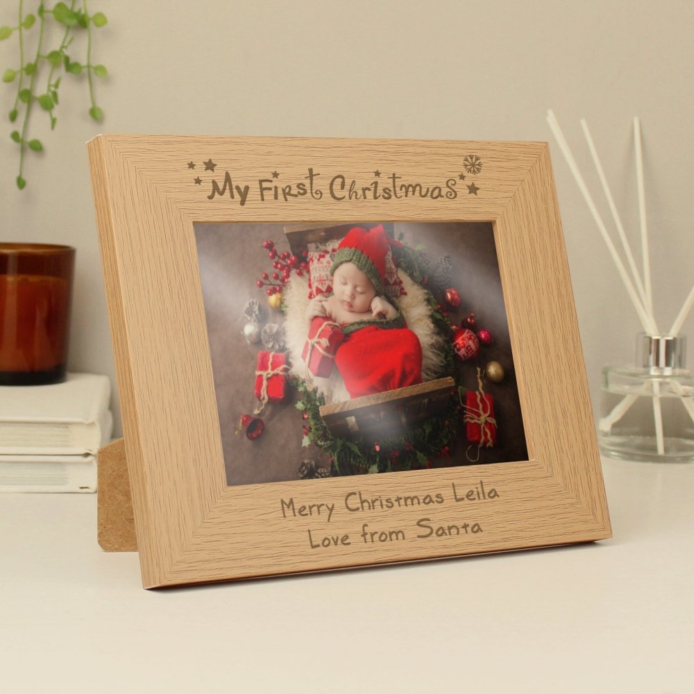 Personalised My First Christmas 7x5 Inch Landscape Wooden Photo Frame